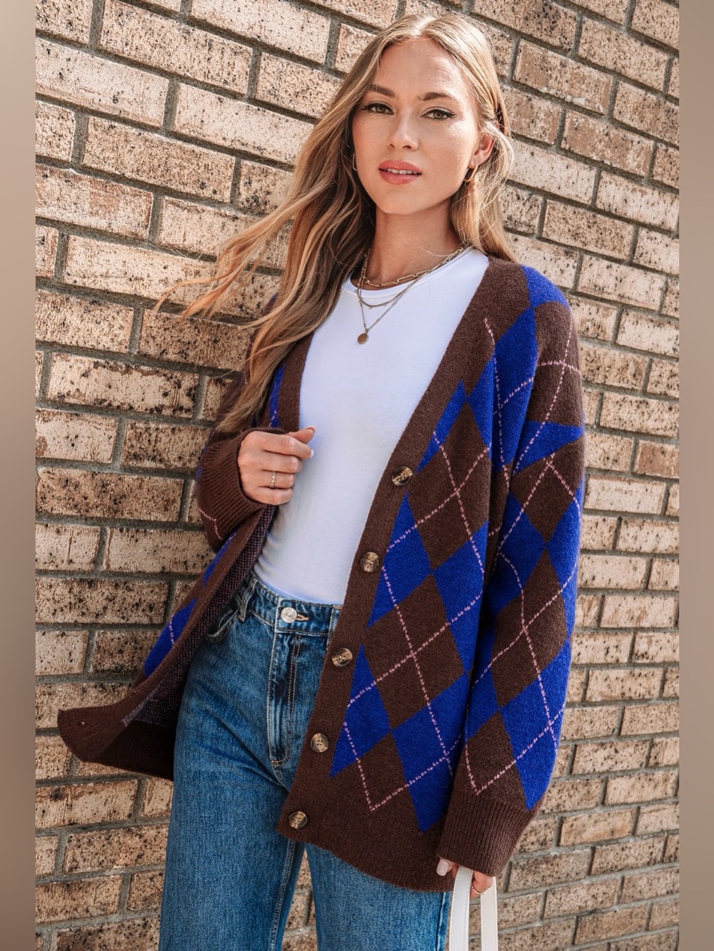 Cupshe • Women’s Cozy Blue & Brown Argyle Button-Up Cardigan Sweater Small NWT - Picture 5 of 6